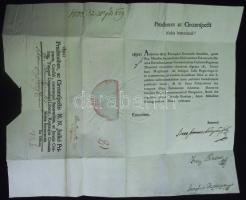 1809 I. Ferenc által kiadott általános amnesztiát kihirdető okirat katonaszökevények részére elküldve Helytartótanácsi ex offo levélben. A levélen többek között Darvas Ferenc író, követ saját kezű aláírásával  / Warrant about general amnesty for deserters issued by Franz I. 40x50 cm