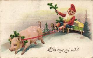 New Year dwarf, pig ride litho