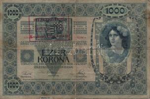 1902. 1000K (2x) + 1912. 100K + 1914. 50K mindegyik "Felülbélyegzés 1919. jan.11. Kecskemét Vár...