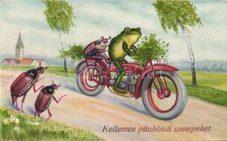 Frog motorcycle, bugs, Pentacost litho