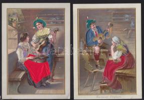 4 db jó minőségű, szép, használatlan művészi képeslap, mind dombornyomású litho, köztük selyemmel díszített is / 4 Embossed litho art postcards