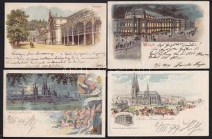 4 db századfordulós európai litho városképes lap / 4 European litho cards