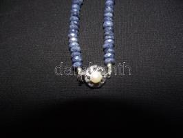 Fazettált 205 karátos zafír nyaklánc tenyészett gyönggyel díszített ezüst (Ag) szerelékkel