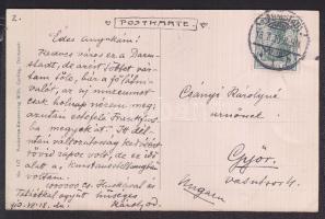 Csányi Károly építész, művészettörténész, műegyetemi tanár, művészeti író üzenete és saját kezű aláírása darmstadti képeslapon, feleségének címezve