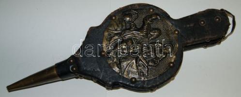 Nagyméretű bőr fújtató dekoratív réz berakással és csőrrel 47cm