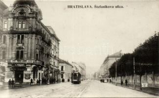 Pozsony Stefanik street with tram and the dentist office of Ernst Liebel