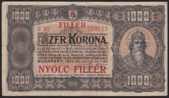 1923. 1000K "8 FILLÉR NYOLC FILLÉR" felülbélyegzéssel T:III