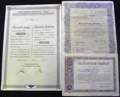 1940 GYSEV élvezeti jegy, 1945 államadóssági kötvény 100kg búzáról, 1953 Biztosítási okirat
