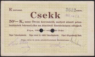 Pápa 1919. "Pápai csekk" 10K (2x) + 20K (2x) + 50K lyukasztással érvénytelenítve T:III
