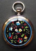 Jelzés nélküli modern elemes zsebóra új ás működőképes állapotban óratok hátulján zománcozott mintáv...