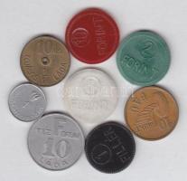 cca 1955 8db különféle bárca, ebből 7db a baromfiiparban használt, + 10Ft "Fővárosi Autóbusz Közösségi Vállalat"