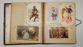 Hagyaték tétel eredeti, nagy méretű bőrborítós fotóalbumból átalakított képeslapalbumban; szép hábor...