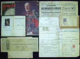 kb 20 darabos vegyes okmány és nyomtatvány hagyaték, okmánybélyeges iratokkal és Magyar Nők Lapja 6 számával
