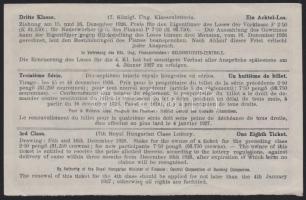 1926. "17. Magyar Királyi Osztálysorsjáték" ötödik osztály egy nyolcad sorsjegye T:I