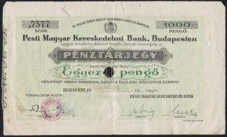 1944. A Pesti Magyar Kereskedelmi Bank pénztárjegye 1000P-ről, lyukasztott T:III