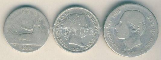 Spanyolország 1867. 40c Ag + 1870. 1P Ag + 1881. 2P Ag T:3