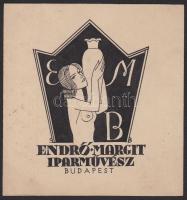 Olvashatatlan jelzéssel: Endrő Margit erotikus ex librise. Linómetszet-papír 10x11 cm