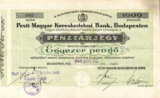 1944. A Pesti Magyar Kereskedelmi Bank pénztárjegye 1000P-ről T:II