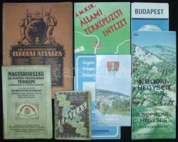 9 db modern és régi térkép tétel, benne M. Kir. térképészeti intézet kiadványai illusztrált katalógus, Jó állapotú Kogutowitz atlasz / Mixed map lot