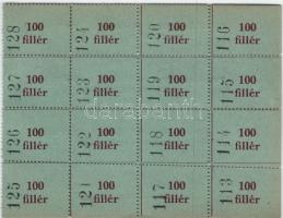 1914-1918 segélypénzek 100 fillér névértékben "Honvédelmi szolgálatot teljesítő iparostársaink hozzátartozói megsegítésére" sorszámozott (113-128) ívrészlet 16db T:I