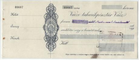 1917. "Váczi Takarékpénztár Vácz" csekkje hátoldalán okmánybélyeg T:I