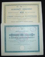 1923. "Szegedi Bankegyesület Részvénytársaság" részvénye 3000K-r ról "1926...2.- pengő" felülbélyegzéssel, szelvényekkel