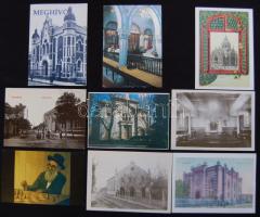 8 db modern Judaika képeslap, nagyrészt régi magyar zsinagógás lapok reprintjei, illetve egy előadás meghívó szintén zsinagógával