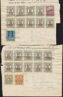 1926 2 sb Forgalmi adó könyvből kitépett lap, felragasztott magas névértékű forgalmi bélyegekkel, Korona-Pengő vegyes bérmentesítéssel