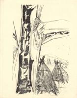 Lóránt János? Kunyhók, linó-papír, jelzés nélkül, 18x26 cm