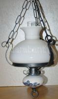 Régi fazonú porcelán és kovácsoltvas csillár 2 üveg búrával, 77cm függesztett magassággal