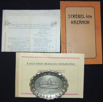 Pécsi brikett alkalmazása kályhatüzelésre - Tájékoztató a meglévő cserépkályhák átalakításához, szemléltető ábrákkal + Strébel-féle kazánok reklámfüzete kihajtható ábrákkal + hamutál