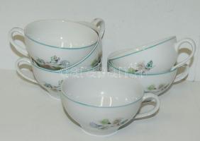 14 darabos Hollóházi porcelán teás készlet: 6 tányér, 6 csésze, kanna, kiöntő