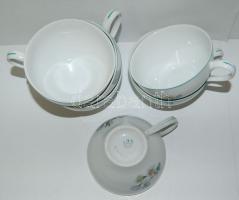 14 darabos Hollóházi porcelán teás készlet: 6 tányér, 6 csésze, kanna, kiöntő