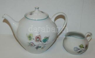 14 darabos Hollóházi porcelán teás készlet: 6 tányér, 6 csésze, kanna, kiöntő