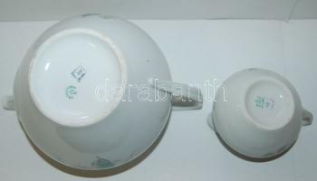 14 darabos Hollóházi porcelán teás készlet: 6 tányér, 6 csésze, kanna, kiöntő