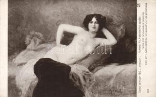 Meztelen erotikus művészlap, Salon d'Hiver 1913 s: A. Penot, Wife with black drapery, erotic nude art postcard, Salon d'Hiver 1913 s: A. Penot