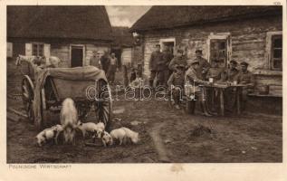 WWI military card, polish farm, soldiers