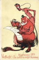 WWI political satire, monarchs in hell, artist signed (cut)