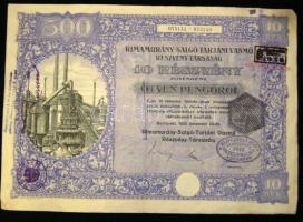 1925. Rimamurány-Salgótarjáni Vasmű Rt. részvény 500 P, elővételi jog gyakorlását igazoló pecséttel, szelvényekkel(kissé koszos a széle)