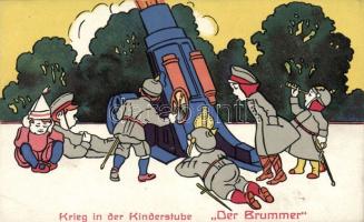 Der Brummer, Krieg in der Kinderstube / Noise, War in the nursery, children, cannon litho, Ágyúlövés hangja, Háború a gyerekszobában, gyerekek, ágyú litho