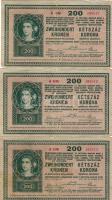 1918 200K "hullámos /fehér hátlappal" 3db folyamatos sorszámokkal  T:II,III,IV