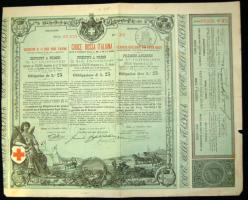 Olaszország/Róma 1885.December 10. Olasz Vöröskereszt kötvénye 25L francia felülbélyegzéssel T:III / Italy bond of the Red -Cross 25 L