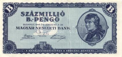 1946. 100.000.000BP látványos függőlegesen végighúzódó papírránccal T:I-(apró sarokkopás)