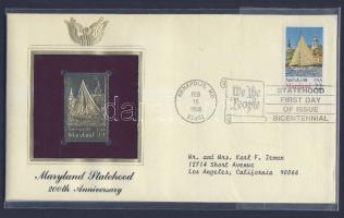 USA/Maryland/Annapolis 1988. "Maryland 200 éve állam - aranyozott bélyeg formájú emlékplakett borítékban, bélyeggel és elsőnapi bélyegzővel T:1