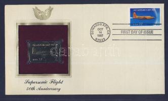 USA/California 1997. "First Supersonic Flight 1947.- aranyozott bélyeg formájú emlékplakett borítékban, bélyeggel és elsőnapi bélyegzővel T:1