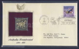 USA/Washington 1988. "Ausztrália 200 éves - aranyozott bélyeg replika - emlékplakett borítékban, bélyeggel és elsőnapi bélyegzővel T:1
