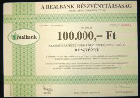 1996. "A Realbank Részvénytársaság" 100.000Ft értékű részvénye szelvényekkel T:1