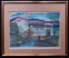 1991 Őszi Rózsa Gyula: Piros tetős házak Óbudán, akvarell-papír, jelzett, keretben 40x46cm