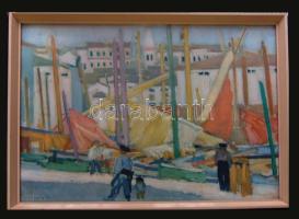 Vaszary János (1867-1939): Kikötő olajnyomat, jelzett, keretben 45x59cm
