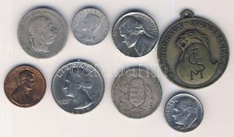 Kis vegyes tétel:Ausztria 1894. 1K Ag + Magyarország 1927. 1P Ag + 1948. 5f + USA 1966. 1 dime + 1979. 1/4$ + 1987. 5c + 1986. 1c + Franciaország cca 1930. "FC Sochaux-Montbeliard" emlékérem T:vegyes